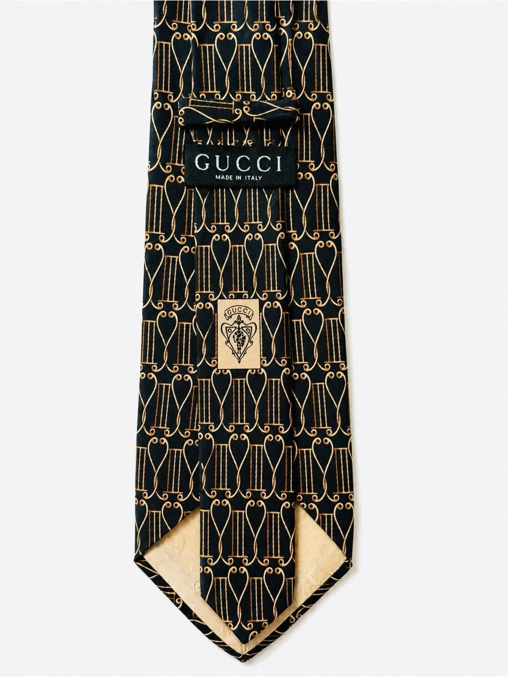 GUCCI Silk Lyre Harp Print Necktie / Vintage